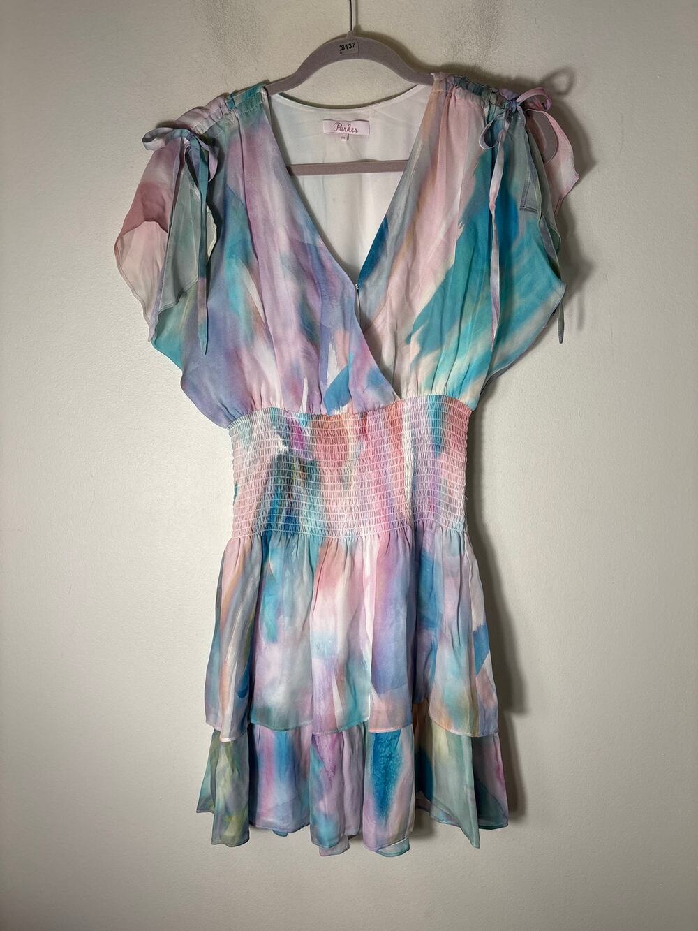 Parker Pastel Watercolor Futter Sleeve Smocked Waist Knee Length Dress Sz S